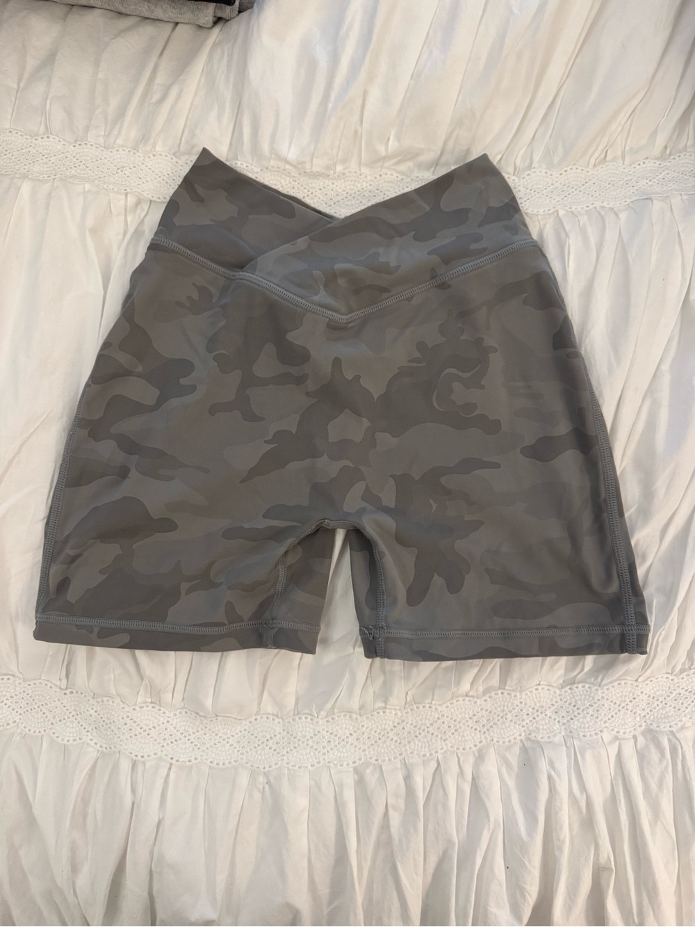 High-Waist Gray Camo Women’s Performance Shorts